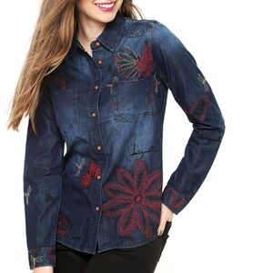 Desigual Embroidered Blue Denim Shirt Cotton Chambray Button Down Top Size M